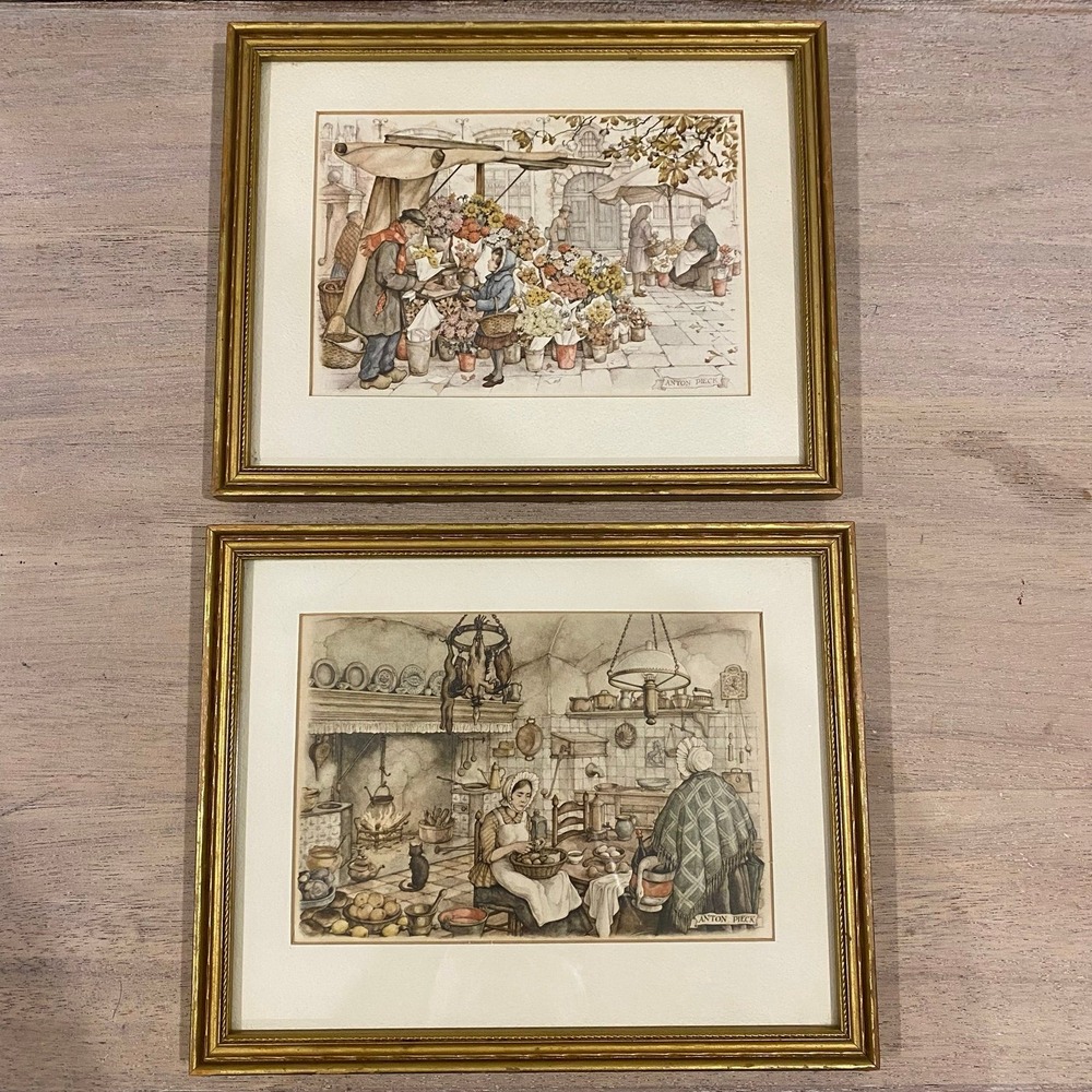 Vintage Anton Pieck Flower Market Scene Art Print Framed